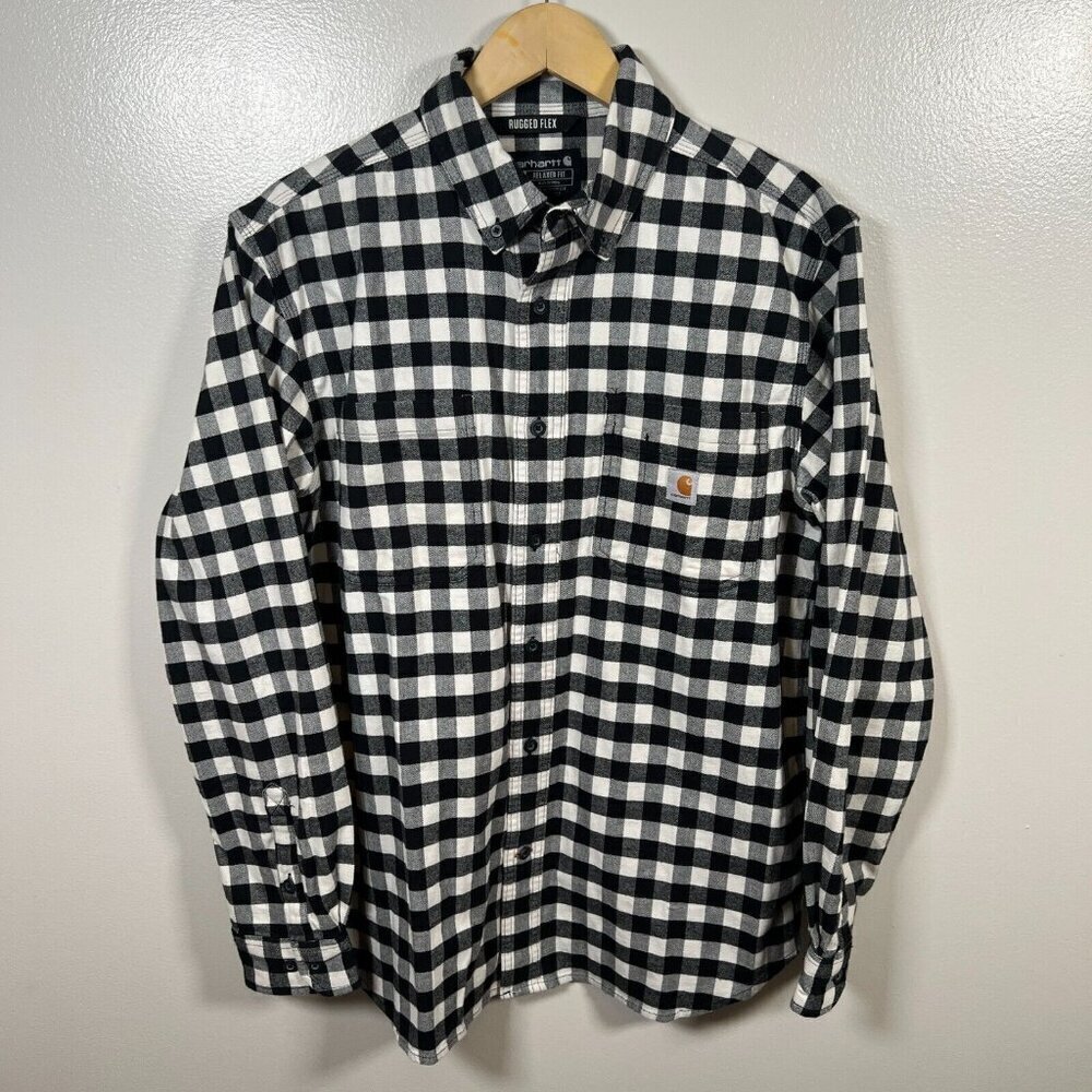 Carhartt Rugged Flex Flannel Shirt Size Medium Black Relaxed Fit Plaid Work